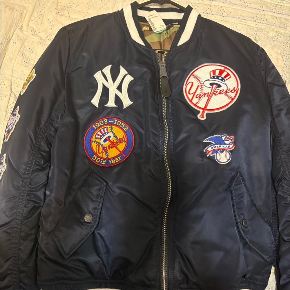 Simons Navy Bomber Jacket with Yankees Patches